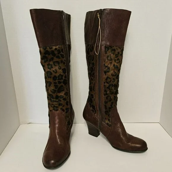 Born Brown Boots Knee High Zip Leopard Print Pony Hair Women Size 9 1/2 - Picture 1 of 16